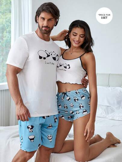 Men 1pc Panda & Letter Graphic Tee & 1pc Shorts PJ Set