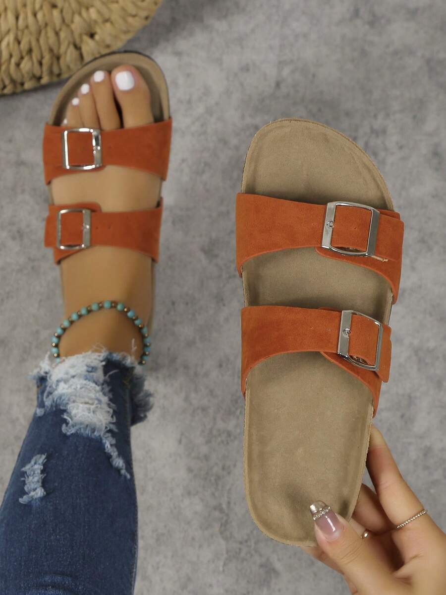 女士搭扣裝飾鞋墊酷仿麂皮平底涼鞋 - 橘色 - 查看 1