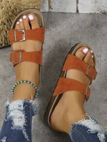 女士搭扣裝飾鞋墊酷仿麂皮平底涼鞋 - 橘色 - 查看 5