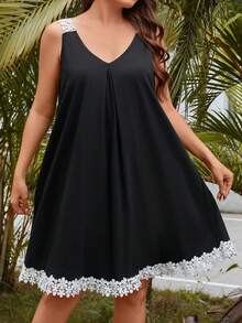 SHEIN Clasi Plus Guipure Lace Panel Cami Dress - Black - View 3