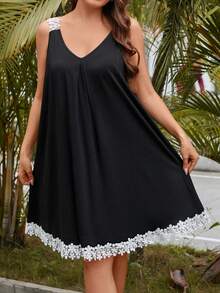SHEIN Clasi Plus Guipure Lace Panel Cami Dress - Black - View 7