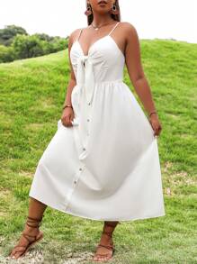 SHEIN Franclia Plus Knot Front Button Detail Cami Dress - White - View 3