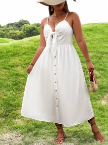 SHEIN Franclia Plus Knot Front Button Detail Cami Dress - White - View 4