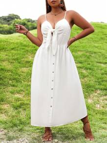 SHEIN Franclia Plus Knot Front Button Detail Cami Dress - White - View 5