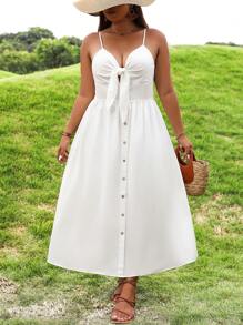 SHEIN Franclia Plus Knot Front Button Detail Cami Dress - White - View 6