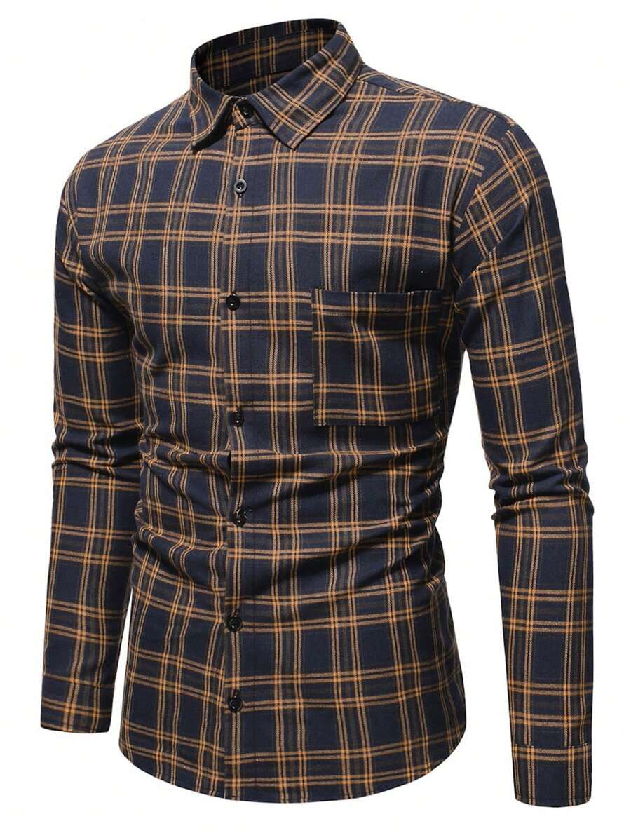Manfinity Homme Men Casual Plaid Graphic Pocket Detail Button Through Loose Long Sleeve Collar Shirt, For Going Out, For Fall - Multicolor - View 1