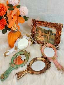 Cosmetic Mirror,Handheld Makeup Mirror Retro Handheld Oval Makeup Mirror Antique Baroque Gold Mirror - Gold - View 1