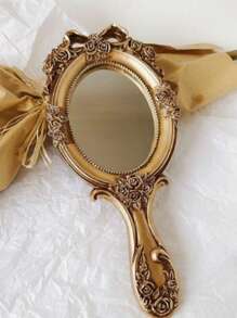Cosmetic Mirror,Handheld Makeup Mirror Retro Handheld Oval Makeup Mirror Antique Baroque Gold Mirror - Gold - View 3