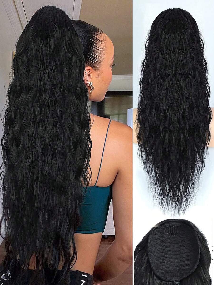 長款卷馬尾合成纖維接髮 - 黑色 - 查看 1