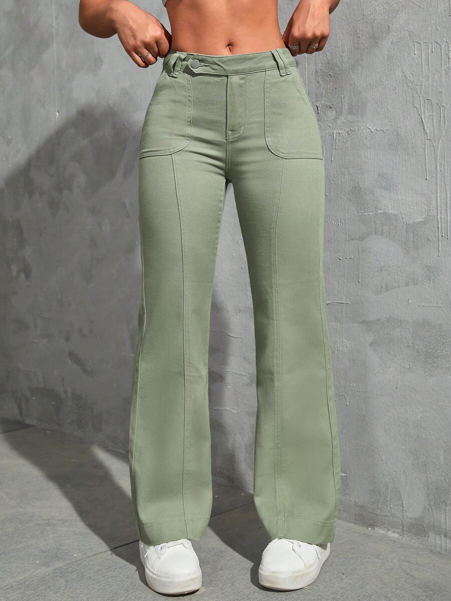 SHEIN EZwear Solid Flare Leg Jeans - Green - View 1