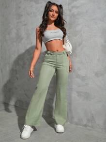 SHEIN EZwear Solid Flare Leg Jeans - Green - View 3