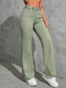 SHEIN EZwear Solid Flare Leg Jeans - Green - View 4