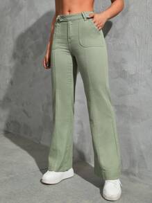 SHEIN EZwear Solid Flare Leg Jeans - Green - View 5