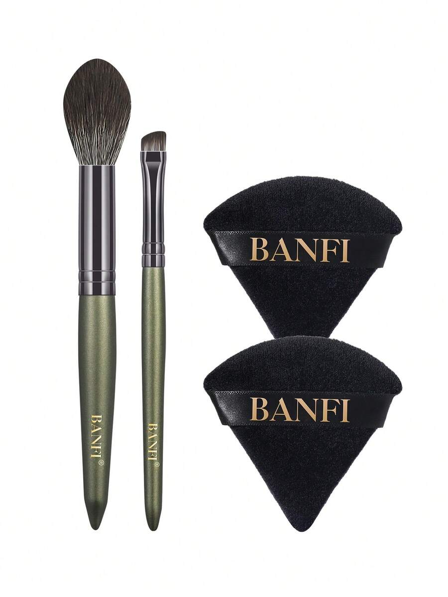 BANFI 2支化妆刷套装+2个化妆粉扑，化妆刷套装，化妆刷包，化妆刷套装，全套化妆工具，化妆刷套装，全套化妆工具，刷子套装，化妆刷套装，化妆礼盒套装 - 彩色 - 查看 1