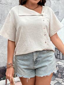 SHEIN LUNE Plus Asymmetrical Neck Button Front Blouse - Apricot - View 5