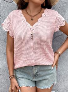 SHEIN LUNE 大碼拼接水溶蕾絲華夫格編織T恤 - 粉色 - 查看 4
