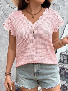 SHEIN LUNE 大碼拼接水溶蕾絲華夫格編織T恤 - 粉色 - 查看 6