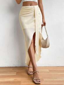 Chiquease Solid Ruched Split Thigh Skirt