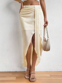 Chiquease Solid Ruched Split Thigh Skirt