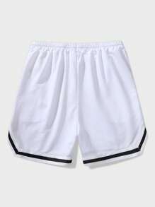 ROMWE MEN Street Life 男式字母图案撞色饰边抽绳腰篮球短裤，学校 - 白色 - 查看 2