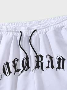 ROMWE MEN Street Life 男式字母图案撞色饰边抽绳腰篮球短裤，学校 - 白色 - 查看 3