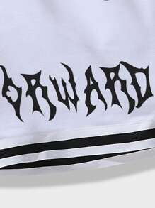 ROMWE MEN Street Life 男式字母图案撞色饰边抽绳腰篮球短裤，学校 - 白色 - 查看 4