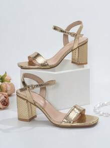 女士金屬質感蛇皮壓花粗跟踝帶魅力四射金色涼鞋 - 金色 - 查看 2