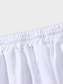 ROMWE MEN Street Life 男式字母图案撞色饰边抽绳腰篮球短裤，学校 - 白色 - 查看 5