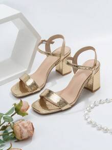 女士金屬質感蛇皮壓花粗跟踝帶魅力四射金色涼鞋 - 金色 - 查看 5