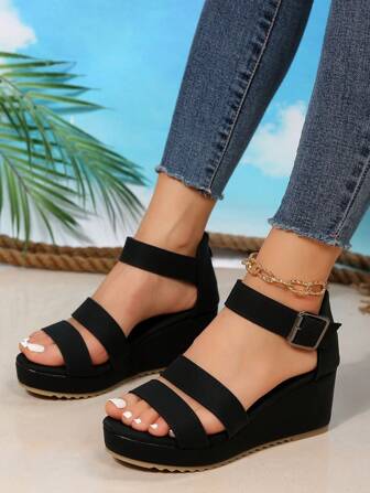 Women Buckle Decor Ankle Strap Wedge Sandals, Fashion Black Sandals