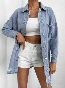 Cottnline Ripped Drop Shoulder Pocket Patched Denim Coat - Light Wash - View 1