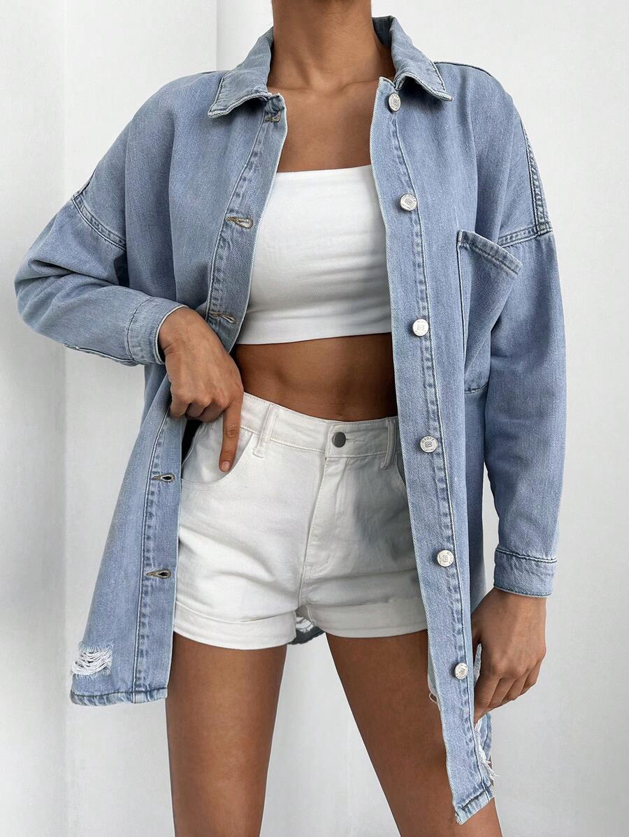 Cottnline Ripped Drop Shoulder Pocket Patched Denim Coat - Light Wash - View 1