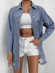 Cottnline Ripped Drop Shoulder Pocket Patched Denim Coat - Light Wash - View 4