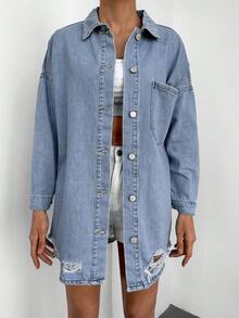 Cottnline Ripped Drop Shoulder Pocket Patched Denim Coat - Light Wash - View 5
