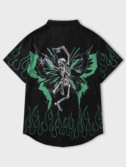 Street Life Guys Fire & Skeleton Print Button Up Shirt