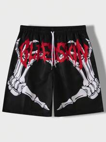 ROMWE MEN Street Life Các bạn Lá thư & Bộ xương In tay Eo dây rút Quần short - màu đen - Xem 1