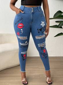 SHEIN 大碼標語和心形印花破洞毛邊緣緊身牛仔褲 - 中等水洗藍 - 查看 1