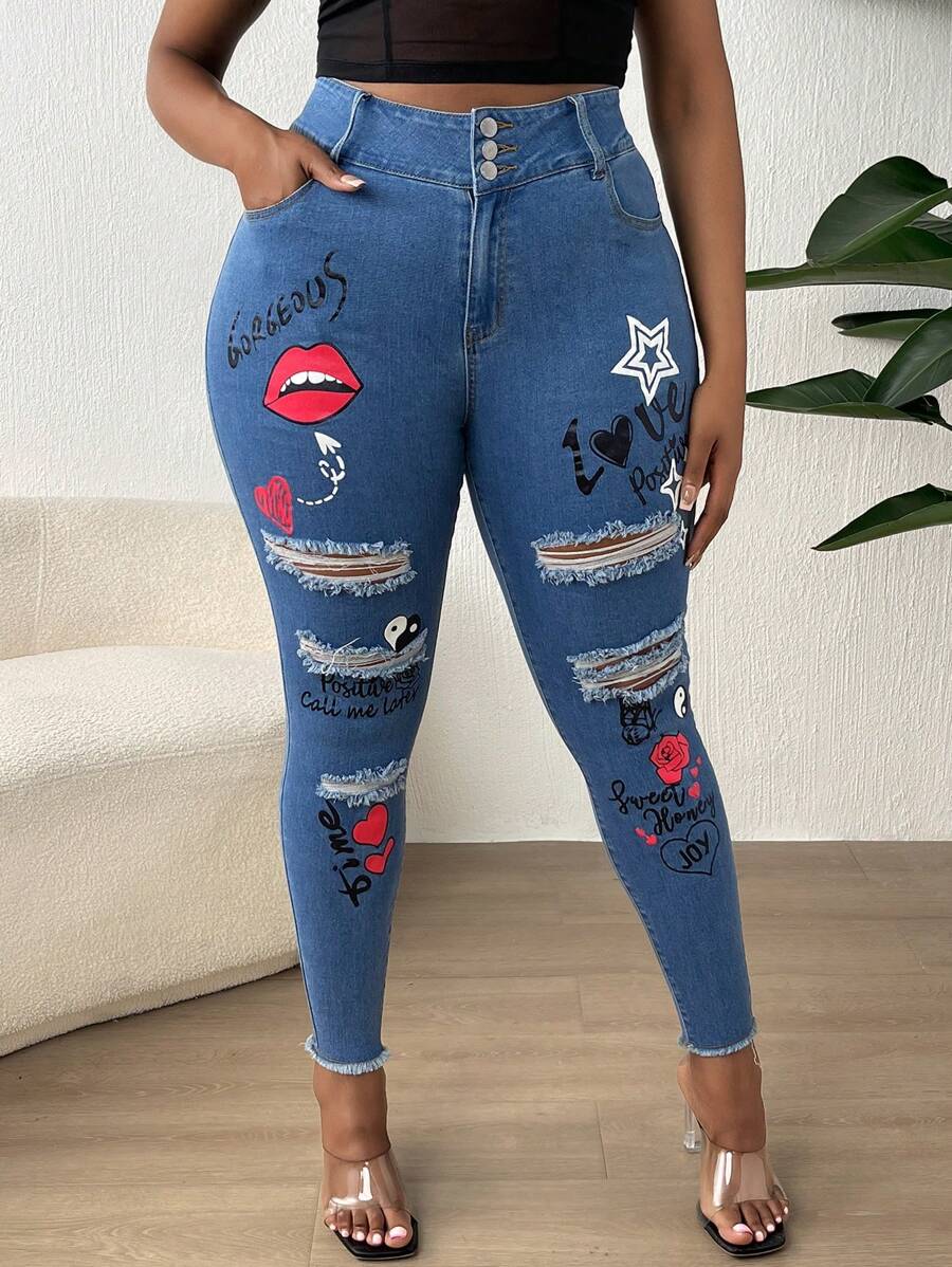 SHEIN 大碼標語和心形印花破洞毛邊緣緊身牛仔褲 - 中等水洗藍 - 查看 1