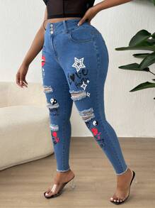 SHEIN 大碼標語和心形印花破洞毛邊緣緊身牛仔褲 - 中等水洗藍 - 查看 4