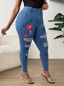 SHEIN 大碼標語和心形印花破洞毛邊緣緊身牛仔褲 - 中等水洗藍 - 查看 6