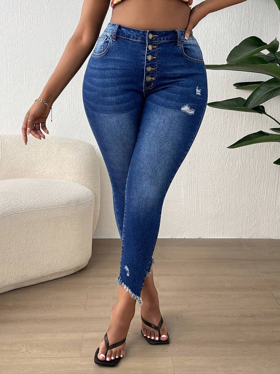 SHEIN Quần Denim kích thước lớn Túi Hem thô Bị tách Nút phía trước màu trơn - Rửa tối - Xem 1