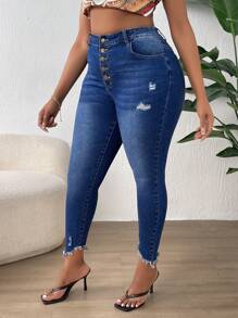SHEIN Quần Denim kích thước lớn Túi Hem thô Bị tách Nút phía trước màu trơn - Rửa tối - Xem 2