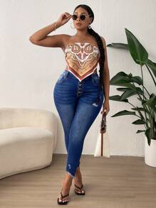 SHEIN Quần Denim kích thước lớn Túi Hem thô Bị tách Nút phía trước màu trơn - Rửa tối - Xem 4