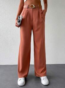 RueChic Solid Slant Pocket Wide Leg Trousers - Rust Brown - View 1
