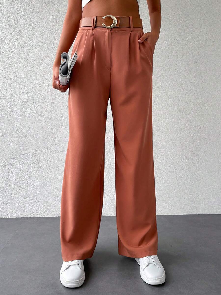 RueChic Solid Slant Pocket Wide Leg Trousers - Rust Brown - View 1