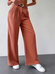 RueChic Solid Slant Pocket Wide Leg Trousers - Rust Brown - View 2