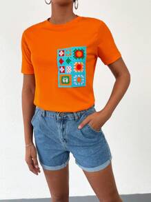 EURMUSE Camiseta con diseño de parche de cuello redondo - Naranja - Ver 5