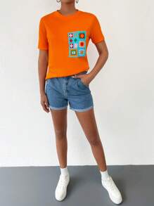 EURMUSE Camiseta con diseño de parche de cuello redondo - Naranja - Ver 3