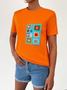 EURMUSE Camiseta con diseño de parche de cuello redondo - Naranja - Ver 6