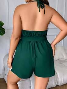 Breezaya 大碼後背繫帶腰帶繞頸連體短褲 - 墨綠色 - 查看 2